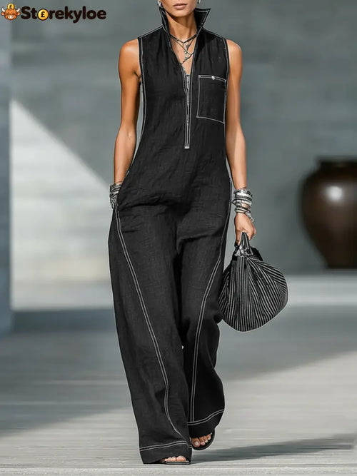 Women’s Minimalist Loose-fitting White Trim Sleeveless Jumpsuit - Black / XS