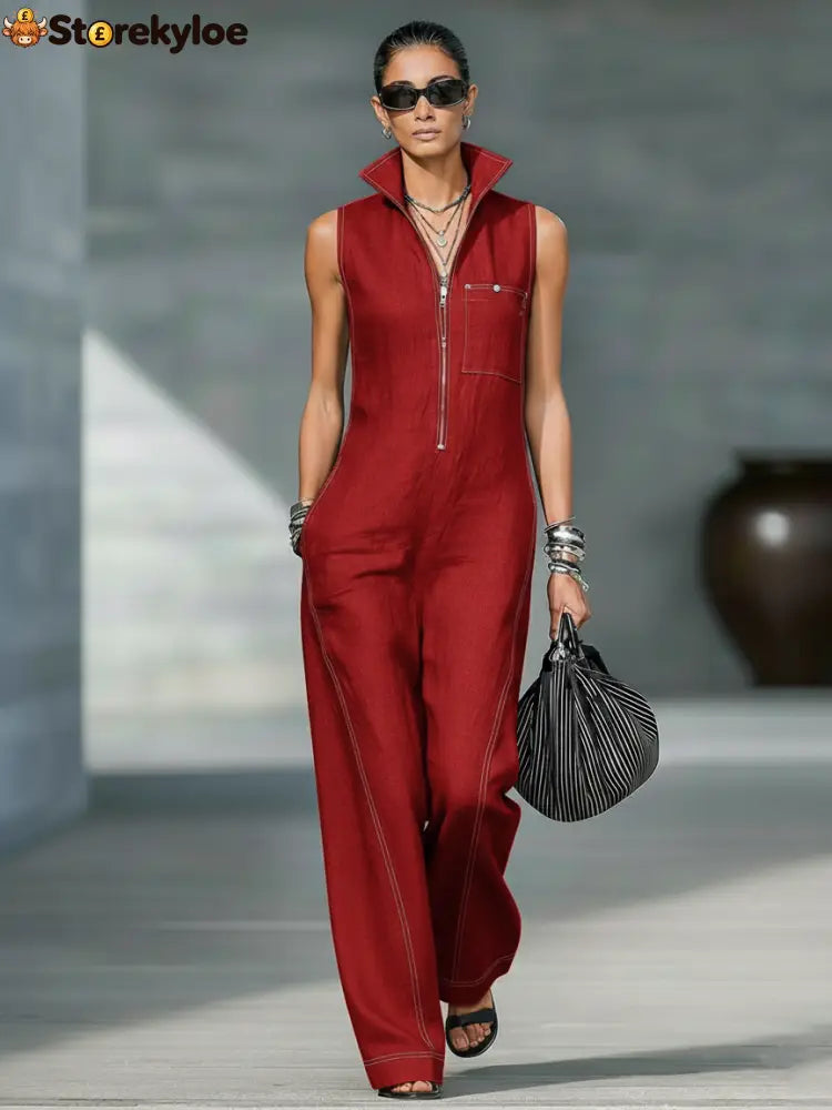 Women’s Minimalist Loose-fitting White Trim Sleeveless Jumpsuit - Red / XS