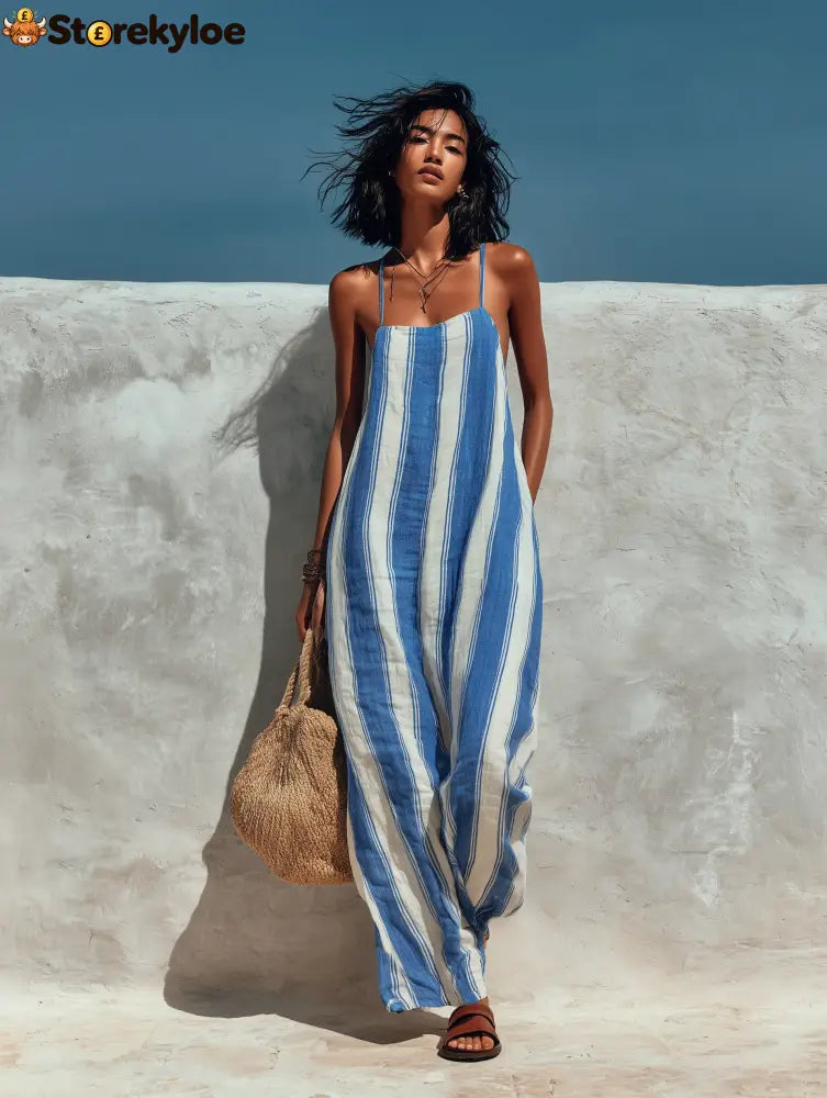Women’s Minimalist Vacation-style Striped Printed Suspender Jumpsuit