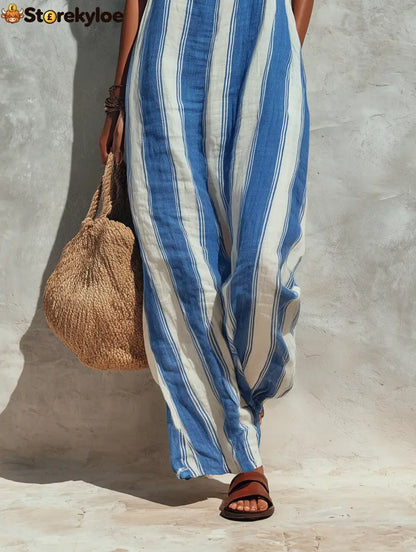 Women’s Minimalist Vacation-style Striped Printed Suspender Jumpsuit