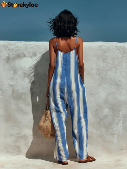 Women’s Minimalist Vacation-style Striped Printed Suspender Jumpsuit
