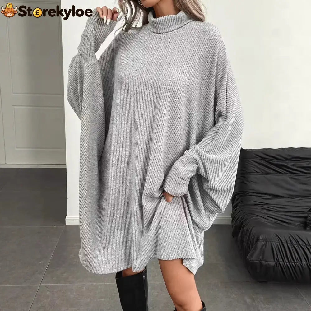Women’s Mock Neck Batwing Long Sleeve Ribbed Knit Mini Dress