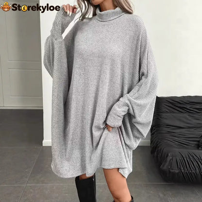 Women’s Mock Neck Batwing Long Sleeve Ribbed Knit Mini Dress
