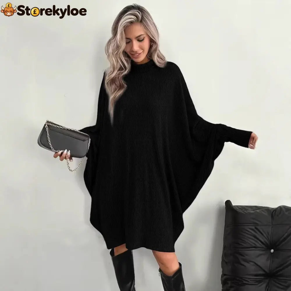 Women’s Mock Neck Batwing Long Sleeve Ribbed Knit Mini Dress