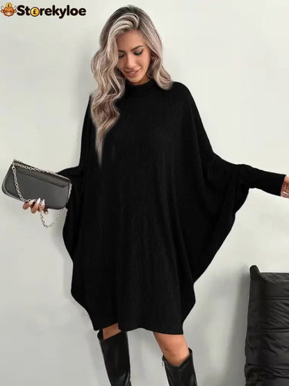 Women’s Mock Neck Batwing Long Sleeve Ribbed Knit Mini Dress - Black / S