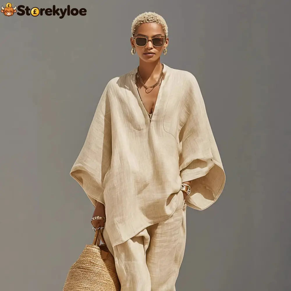 Women’s Neutral Linen Set With Asymmetric Hem & Minimalist Design Sophisticated Daily-Casual Style Set