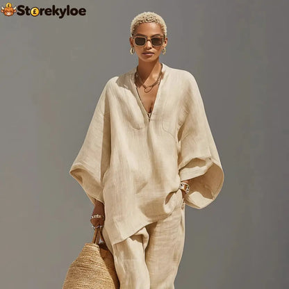 Women’s Neutral Linen Set With Asymmetric Hem & Minimalist Design Sophisticated Daily-Casual Style Set
