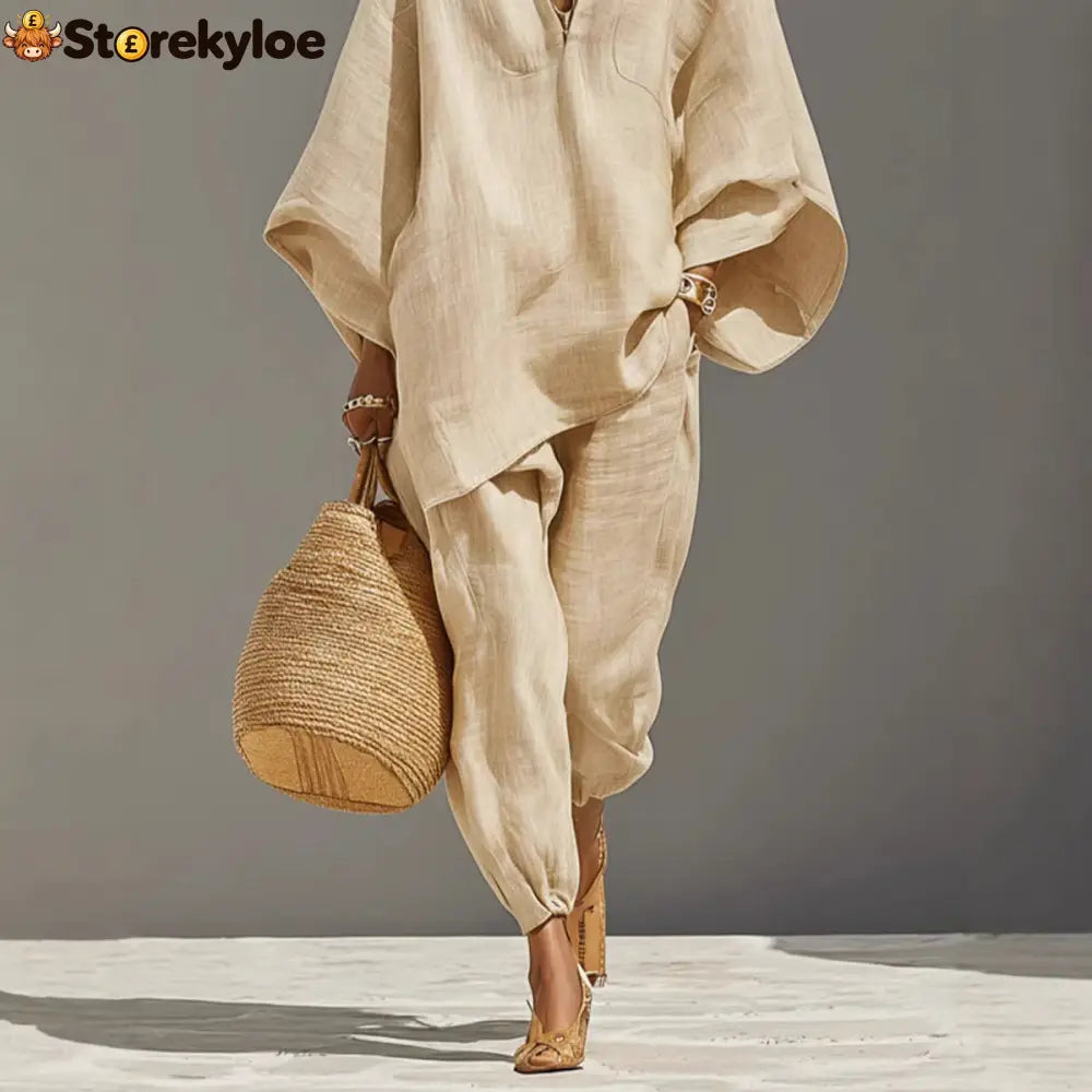 Women’s Neutral Linen Set With Asymmetric Hem & Minimalist Design Sophisticated Daily-Casual Style Set