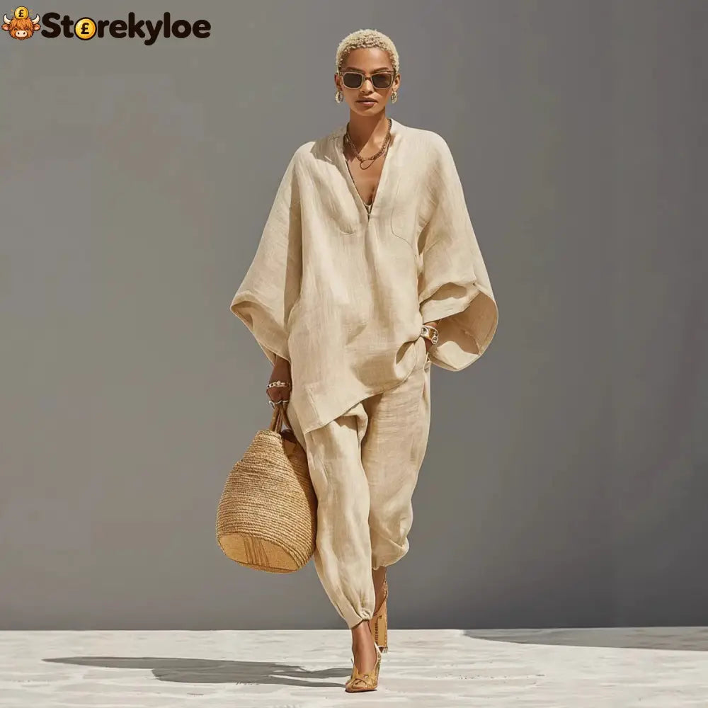 Women’s Neutral Linen Set With Asymmetric Hem & Minimalist Design Sophisticated Daily-Casual Style Set - Apricot / XS