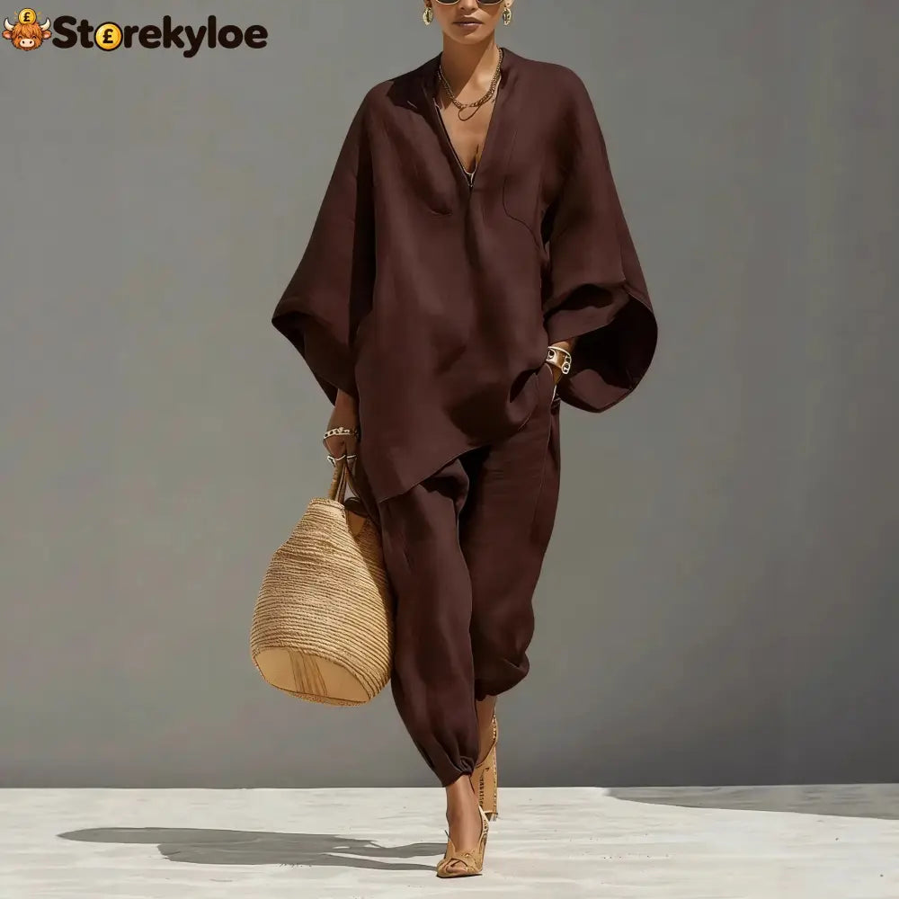 Women’s Neutral Linen Set With Asymmetric Hem & Minimalist Design Sophisticated Daily-Casual Style Set - Brown / XS