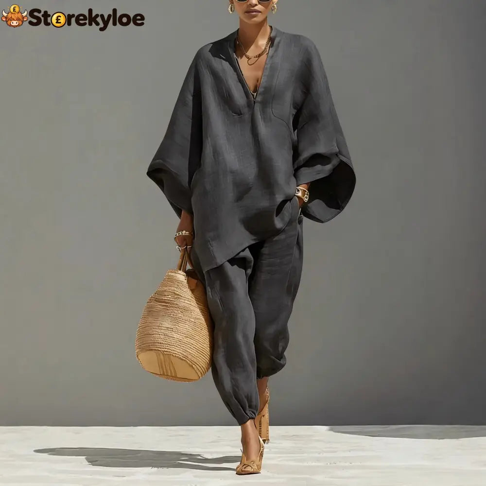 Women’s Neutral Linen Set With Asymmetric Hem & Minimalist Design Sophisticated Daily-Casual Style Set - Dark gray / XS