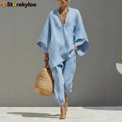 Women’s Neutral Linen Set With Asymmetric Hem & Minimalist Design Sophisticated Daily-Casual Style Set - Sky blue / XS
