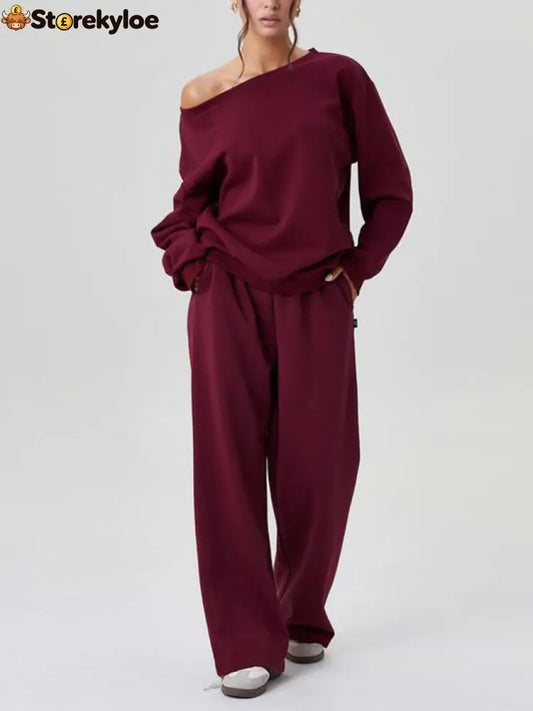Women’s Off-Shoulder Long Sleeve Top & Wide-Leg Pants Set - Burgundy / S