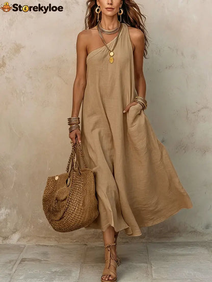 Women’s Off-shoulder Sleeveless Cotton-linen Dress - Khaki / S