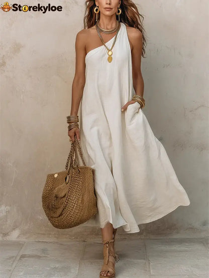 Women’s Off-shoulder Sleeveless Cotton-linen Dress - White / S