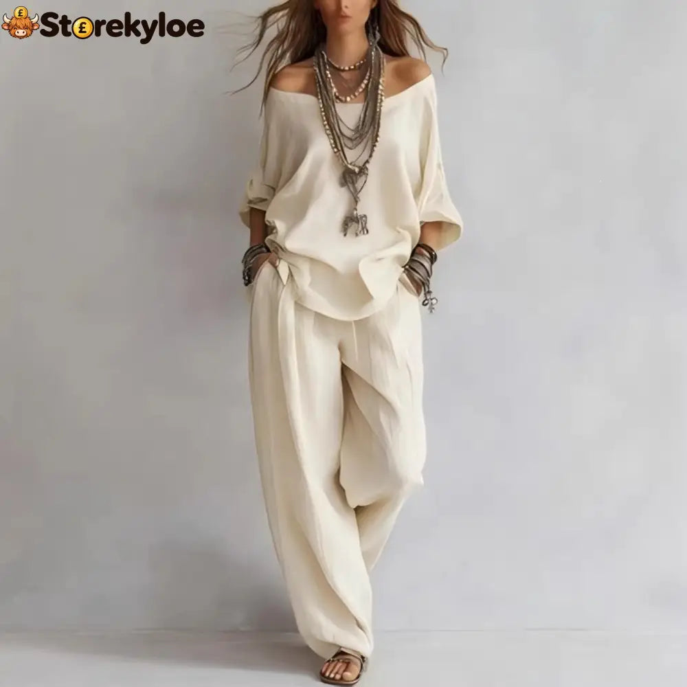 Women’S One-Shoulder Loose Top Wide-Leg Pants Cross-Border Two-Piece Set