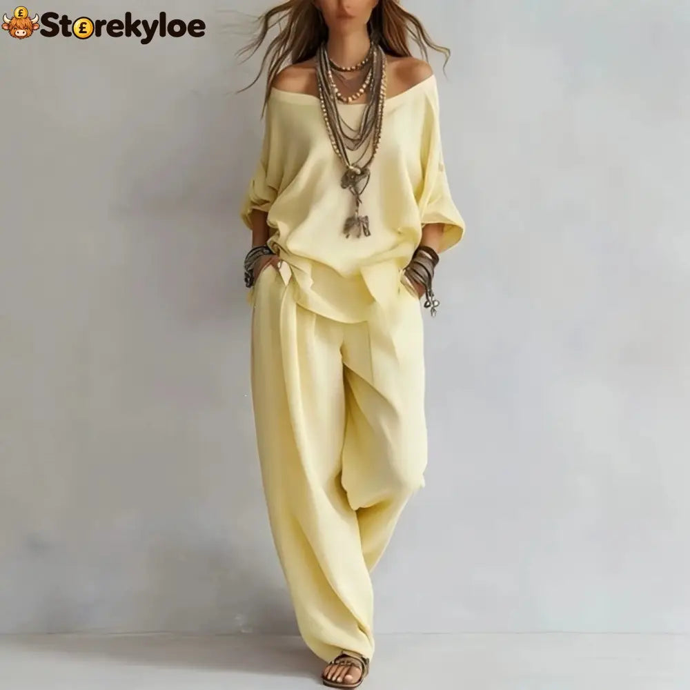 Women’S One-Shoulder Loose Top Wide-Leg Pants Cross-Border Two-Piece Set
