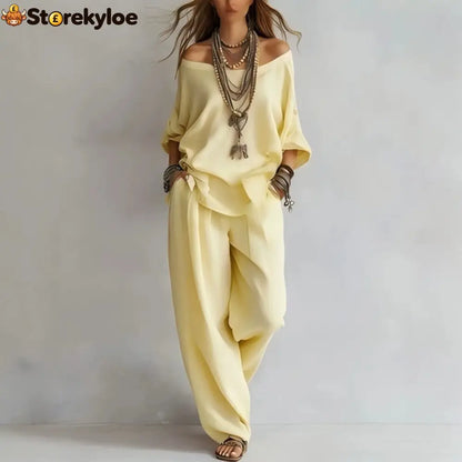 Women’S One-Shoulder Loose Top Wide-Leg Pants Cross-Border Two-Piece Set