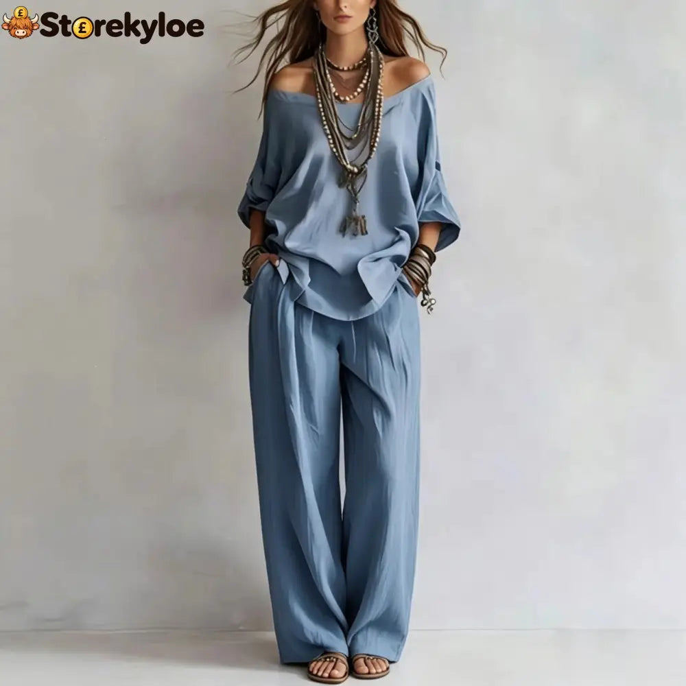 Women’S One-Shoulder Loose Top Wide-Leg Pants Cross-Border Two-Piece Set