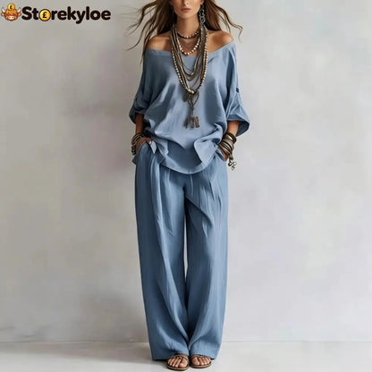 Women’S One-Shoulder Loose Top Wide-Leg Pants Cross-Border Two-Piece Set