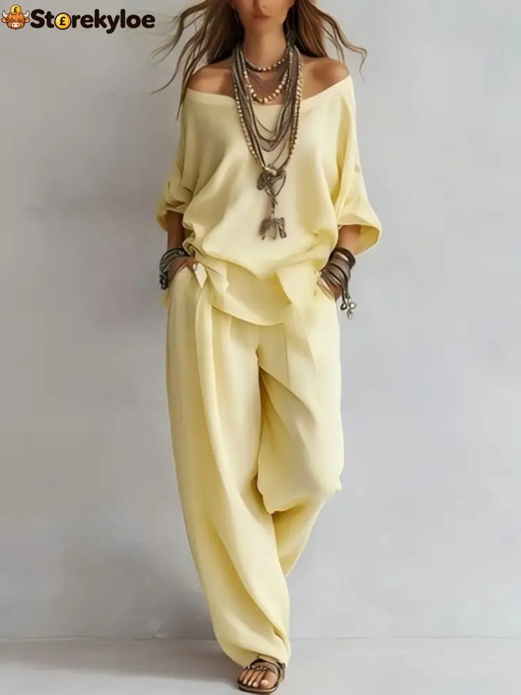 Women’S One-Shoulder Loose Top Wide-Leg Pants Cross-Border Two-Piece Set - Apricot / S