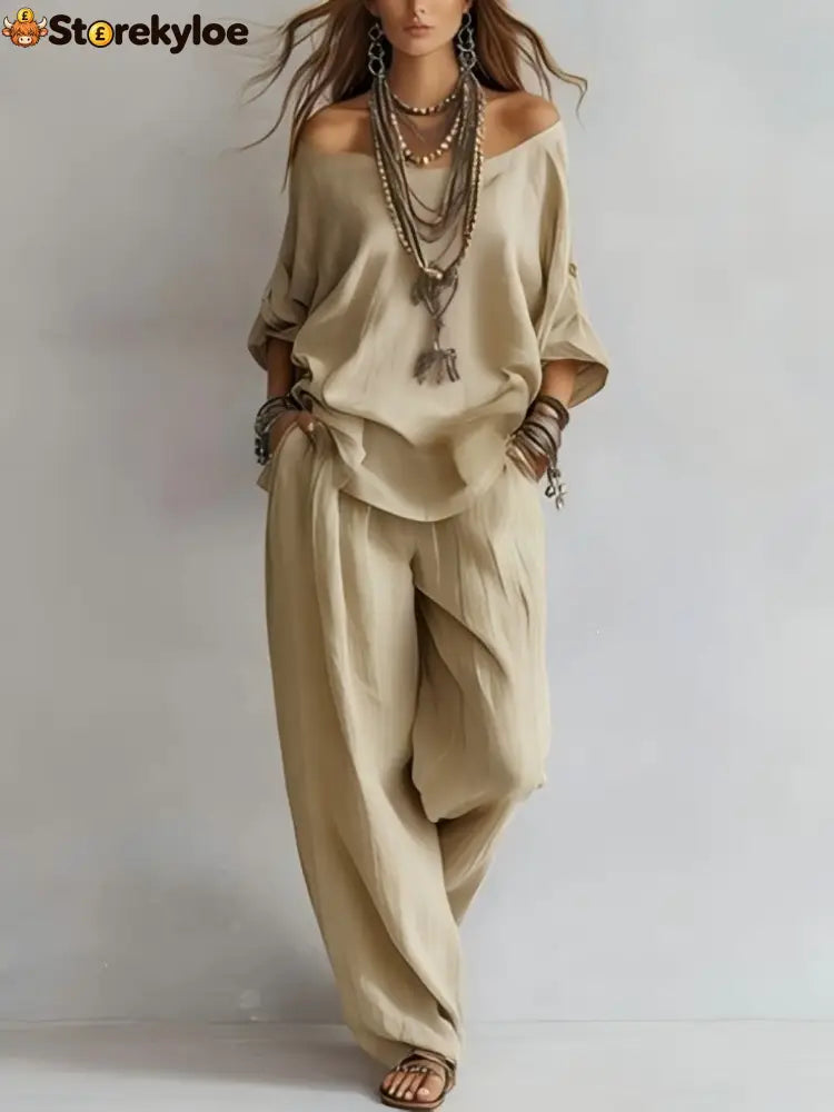 Women’S One-Shoulder Loose Top Wide-Leg Pants Cross-Border Two-Piece Set - Khaki / S