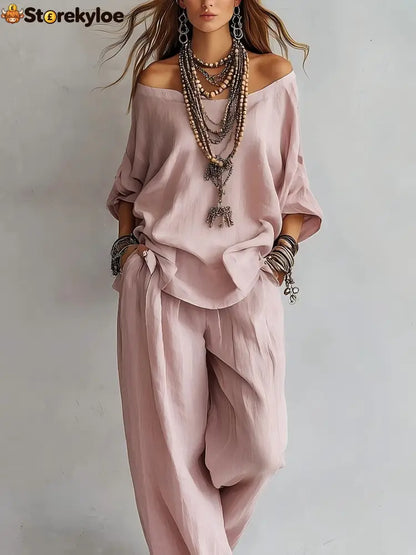 Women’S One-Shoulder Loose Top Wide-Leg Pants Cross-Border Two-Piece Set - Pink / S
