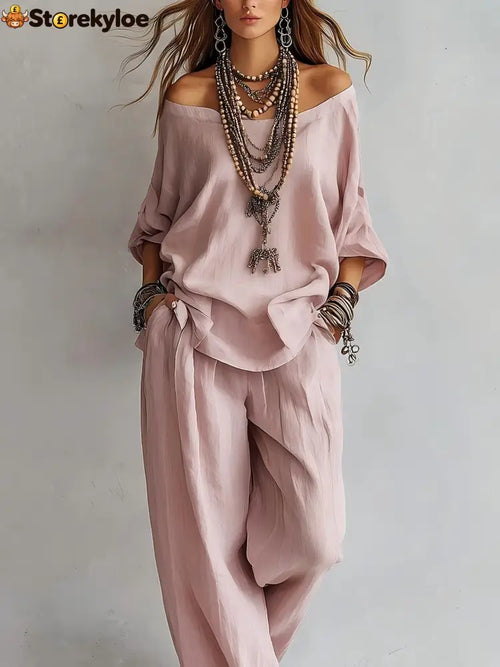 Women’S One-Shoulder Loose Top Wide-Leg Pants Cross-Border Two-Piece Set - Pink / S