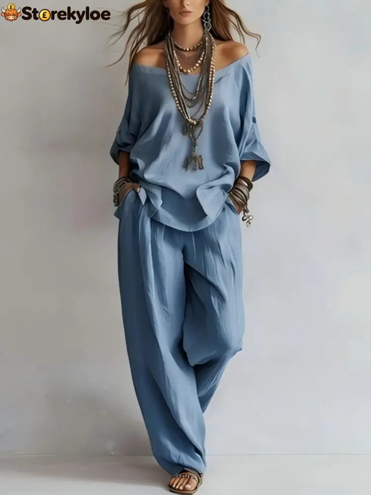 Women’S One-Shoulder Loose Top Wide-Leg Pants Cross-Border Two-Piece Set - Sky blue / S