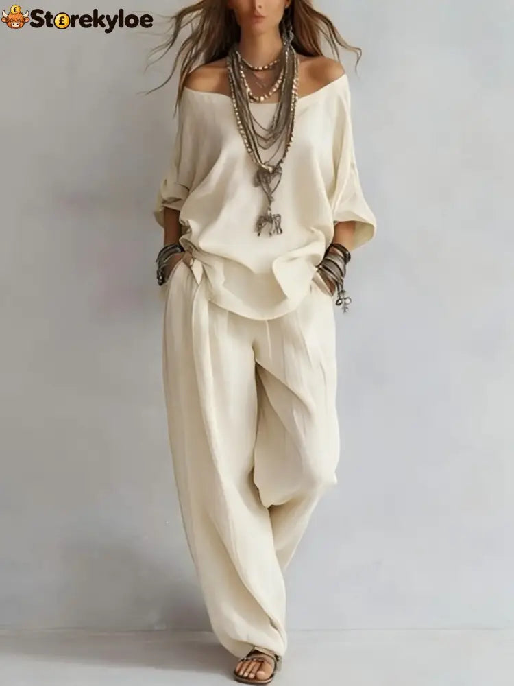 Women’S One-Shoulder Loose Top Wide-Leg Pants Cross-Border Two-Piece Set - White / S
