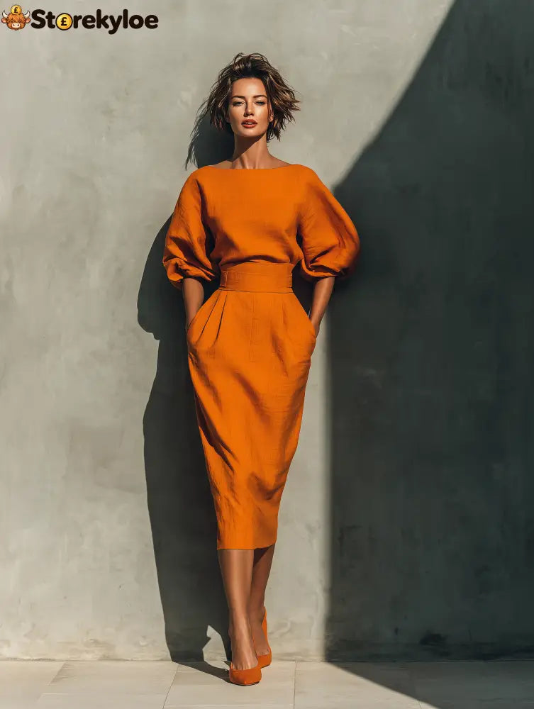Women’s Orange Mid-sleeve Top And Midi Skirt Set