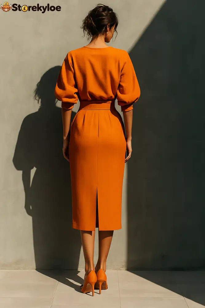 Women’s Orange Mid-sleeve Top And Midi Skirt Set