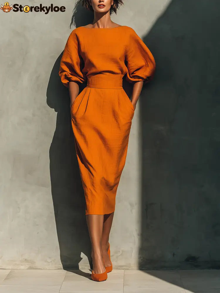 Women’s Orange Mid-sleeve Top And Midi Skirt Set - Orange / S