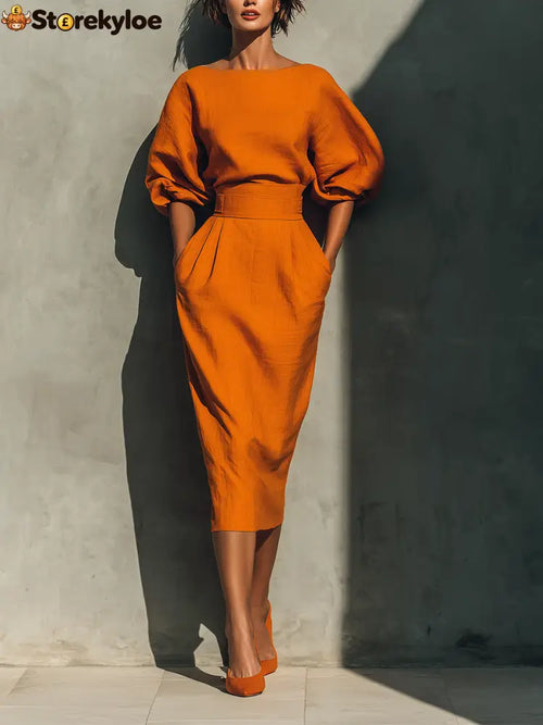 Women’s Orange Mid-sleeve Top And Midi Skirt Set - Orange / S