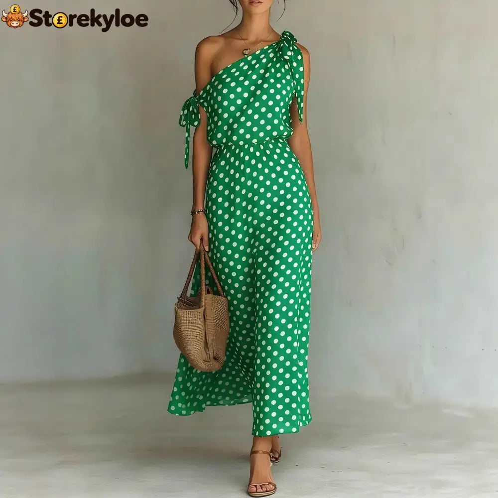Women’s Polka Dot One-Shoulder Maxi Dress