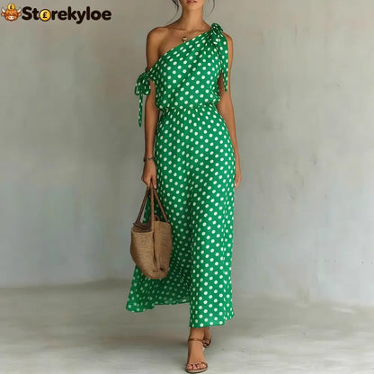 Women’s Polka Dot One-Shoulder Maxi Dress