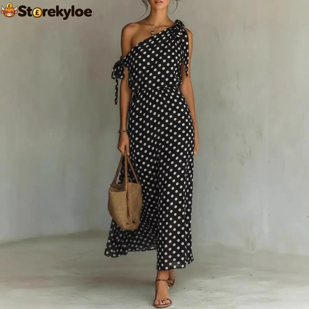 Women’s Polka Dot One-Shoulder Maxi Dress