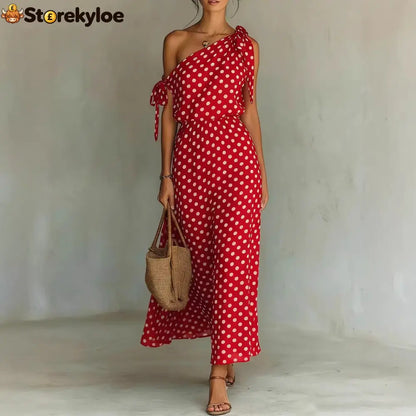 Women’s Polka Dot One-Shoulder Maxi Dress