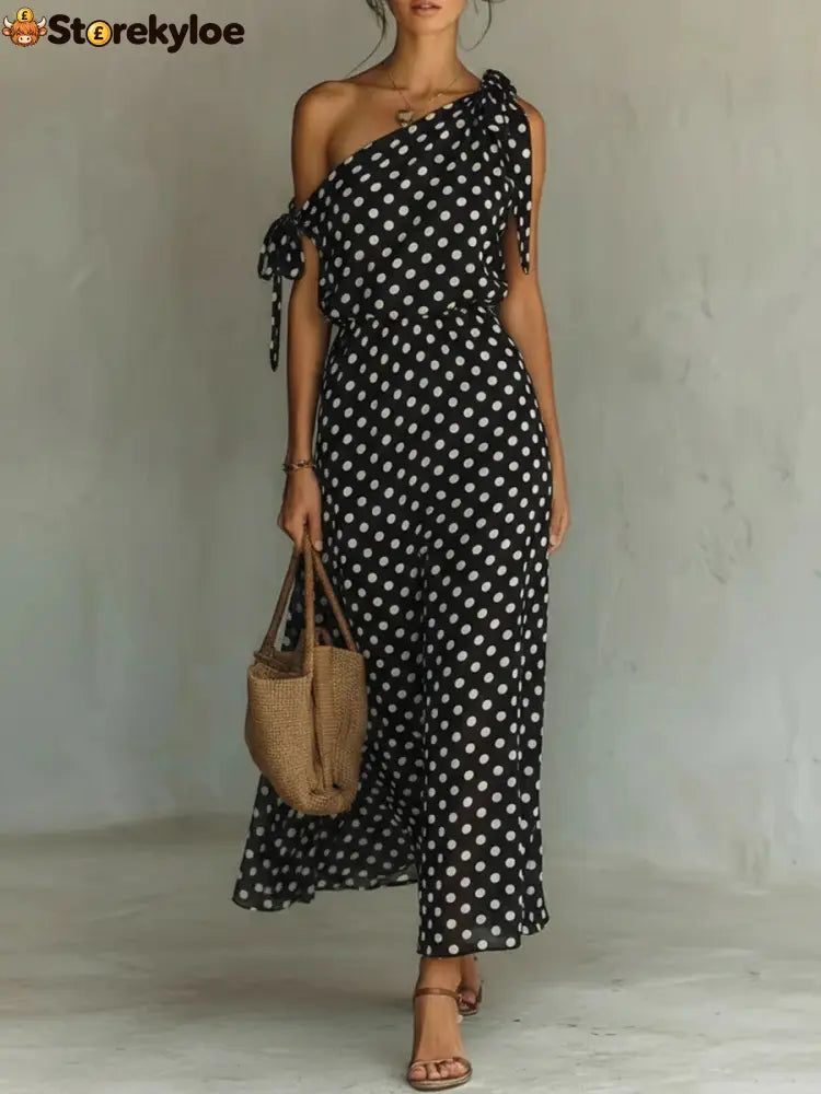 Women’s Polka Dot One-Shoulder Maxi Dress - Black / S