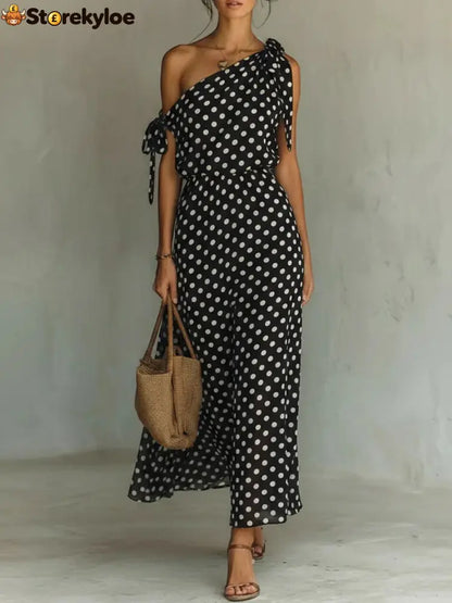 Women’s Polka Dot One-Shoulder Maxi Dress - Black / S