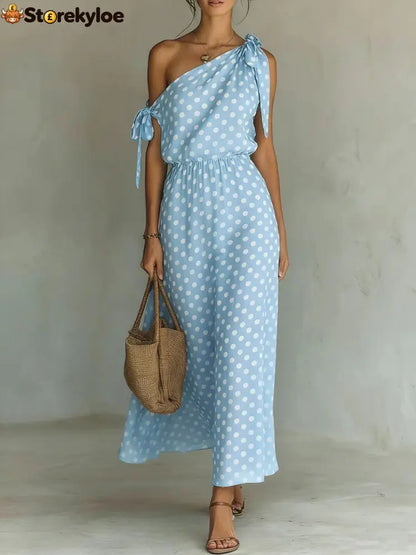 Women’s Polka Dot One-Shoulder Maxi Dress - Blue / S