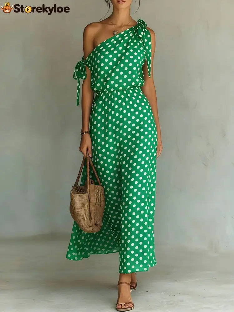 Women’s Polka Dot One-Shoulder Maxi Dress - Green / S