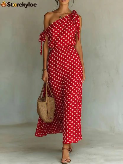 Women’s Polka Dot One-Shoulder Maxi Dress - Red / S