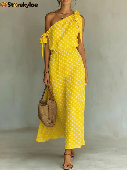 Women’s Polka Dot One-Shoulder Maxi Dress - Yellow / S