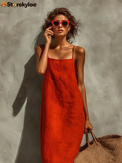 Women’s Red Cotton Dress With Spaghetti Straps & Square Neck Timeless Boho-Resort Style Dress