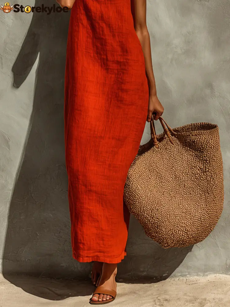 Women’s Red Cotton Dress With Spaghetti Straps & Square Neck Timeless Boho-Resort Style Dress