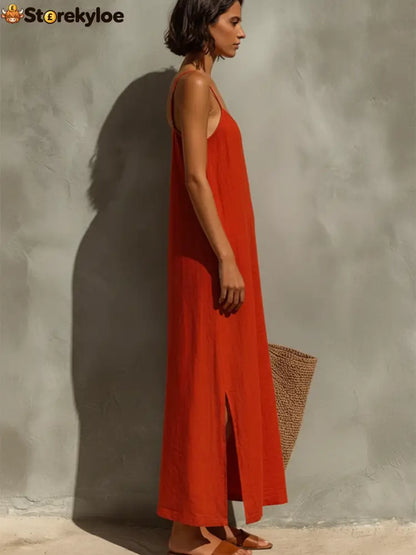 Women’s Red Cotton Dress With Spaghetti Straps & Square Neck Timeless Boho-Resort Style Dress