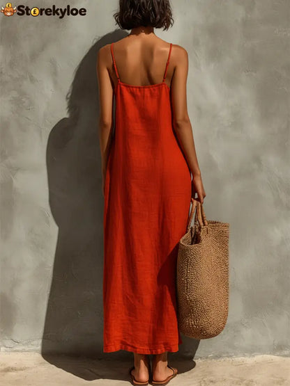 Women’s Red Cotton Dress With Spaghetti Straps & Square Neck Timeless Boho-Resort Style Dress