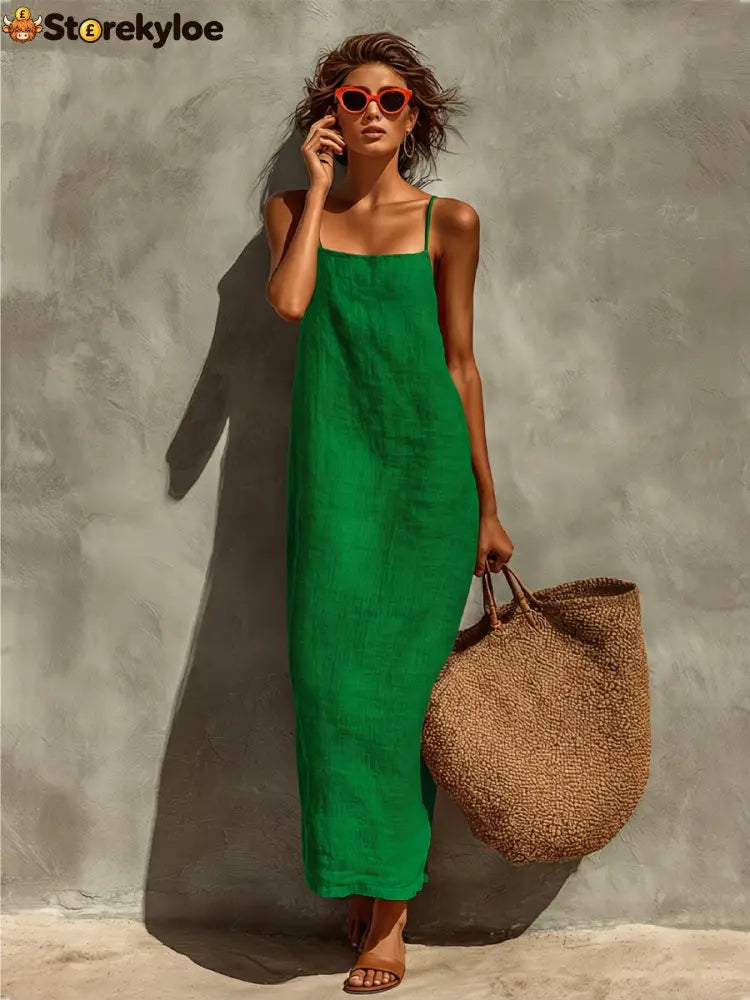 Women’s Red Cotton Dress With Spaghetti Straps & Square Neck Timeless Boho-Resort Style Dress - Green / S