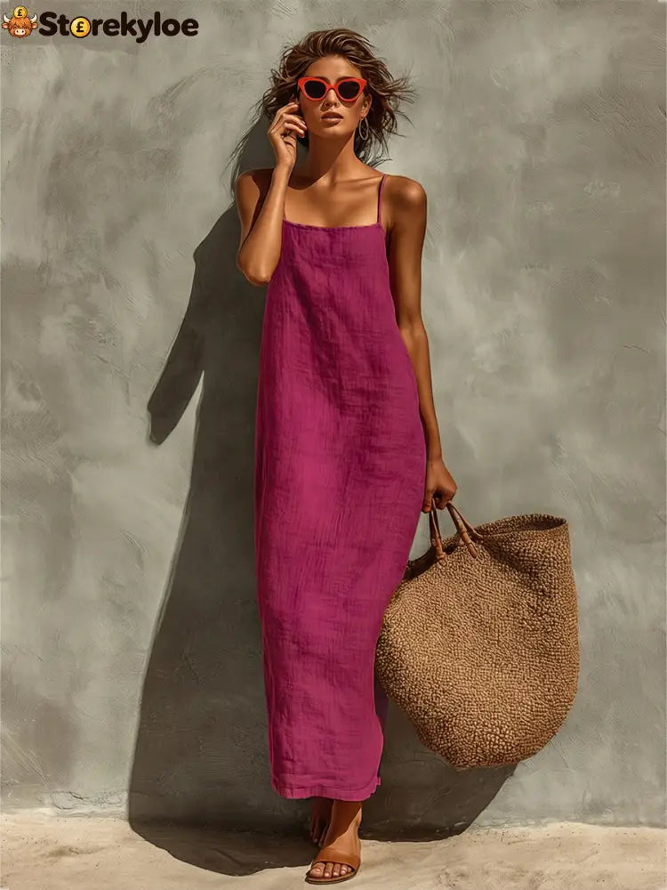 Women’s Red Cotton Dress With Spaghetti Straps & Square Neck Timeless Boho-Resort Style Dress - Purple / S
